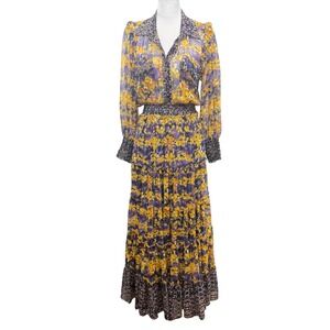 MISA Los Angeles Maxi Dress Size S Floral Ruffle V Neck Long Sleeve Tiered Flowy
